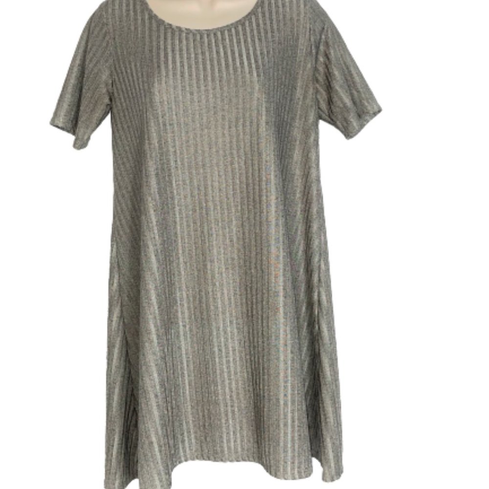 Women M ESPRESSO Metallic Gray Silver Ribbed Dress